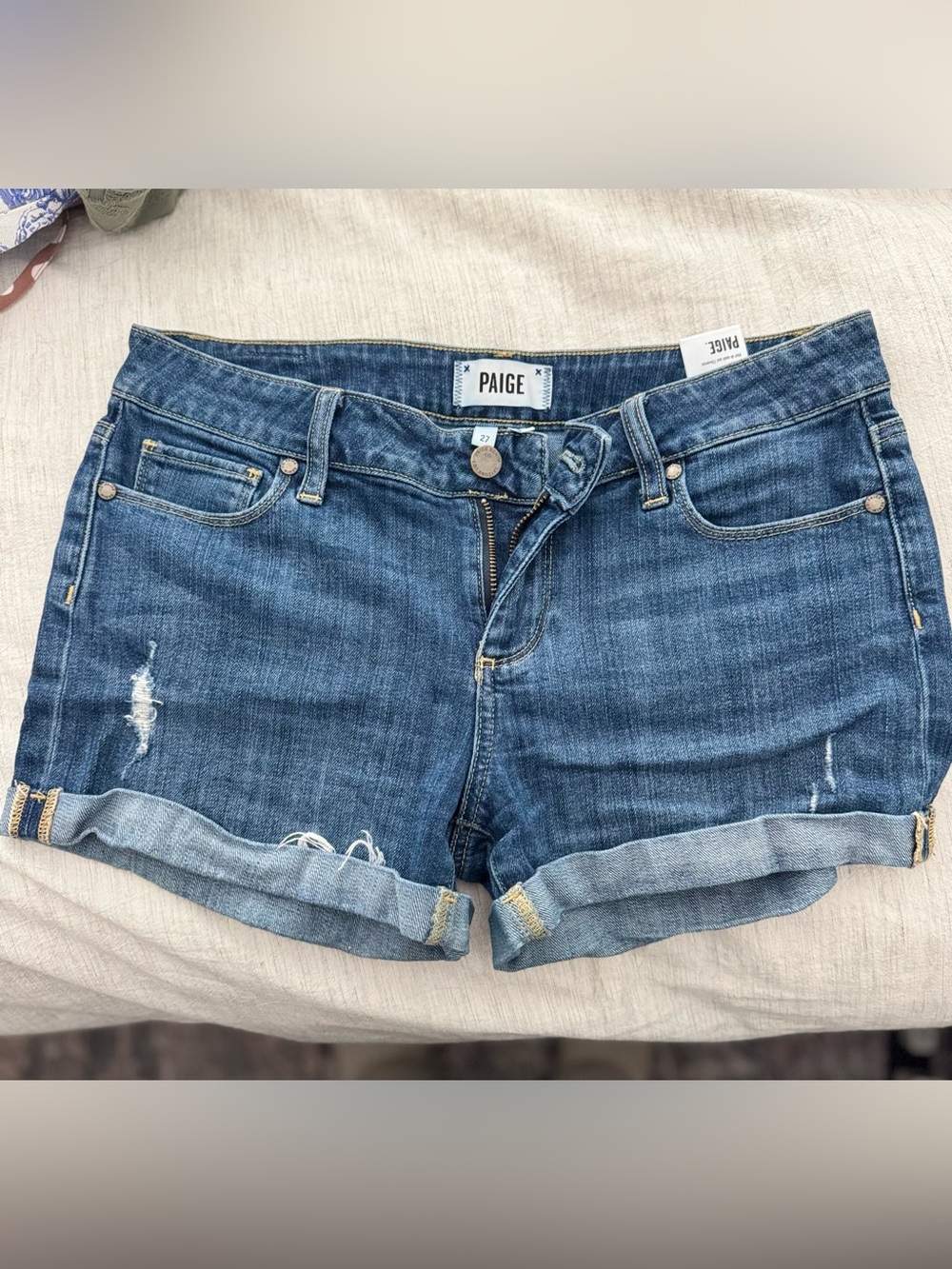 PAIGE Distressed Rolled-Hem Jean Shorts - Medium Blue